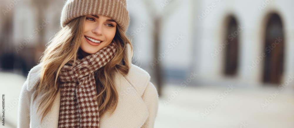 Fototapeta premium Trendy young woman in winter attire enjoying coffee exudes fashion and happiness in the street With copyspace for text