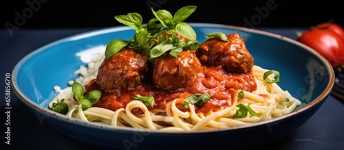 Italian pasta with tomato sauce and meatballs in blue plate up close With copyspace for text