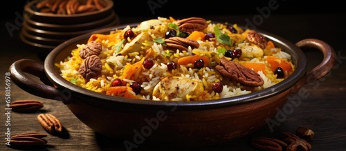 Kashmiri pulao with Basmati rice spices Saffron and dry fruits With copyspace for text photo