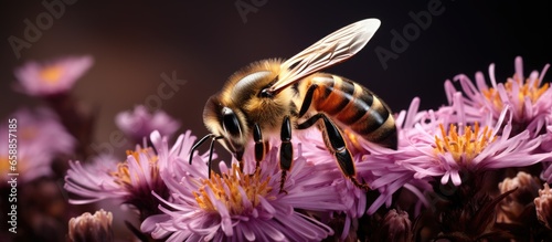 The New York aster is pollinated by the bee Apis mellifera With copyspace for text