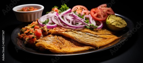 Traditional fish dish from Honduras served with plantain chips pico de gallo and pickled onions enjoyed at Lago de Yojoa Central America With copyspace for text photo