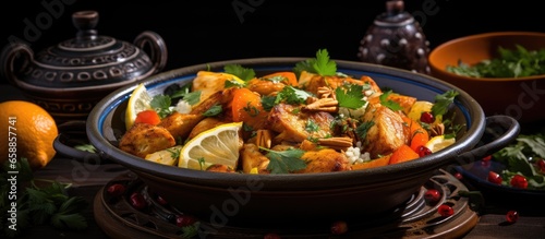 Chicken with dried fruits and spices in traditional Moroccan tajine viewed from above With copyspace for text