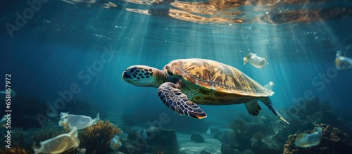 Marine turtles can mistakenly consume plastic bags mistaking them for jellyfish contributing to the issue of plastic pollution in the ocean With copyspace for text