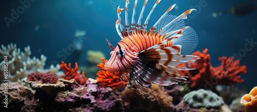 Pterois miles Devil Firefish Common Lionfish with Alcyonacea and Dendronephthya hemprichi corals Common Coral Reef Life Indo Pacific Ocean Aquatic Marine Animals Environment With copyspace f