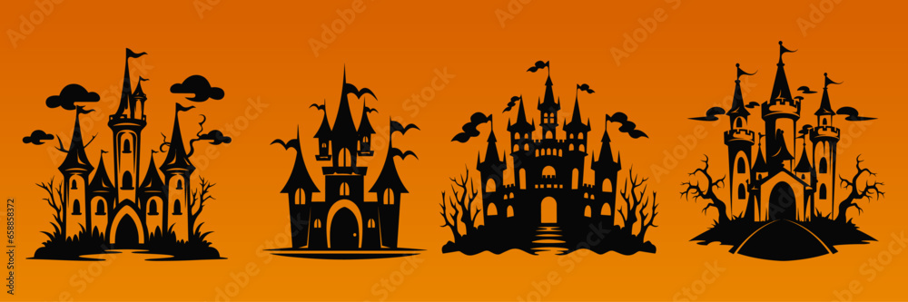 set of vector halloween castle landscape. black castle sillhouette. castle sillhouette with trees vector illustration.