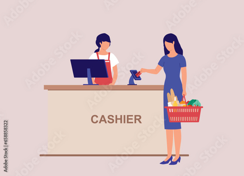 Woman Customer With Groceries Paying With Credit Card. Lady Cashier With Apron Serving Customer At Checkout Counter. Full Length. Flat Design.