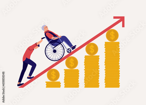 Concept Of Cost Of Aging Parents Is Increasing. Adult Son Having Difficulty To Push His Elderly Father With Wheelchair Up To The Slant Slope Arrow. Full Length. Flat Design.