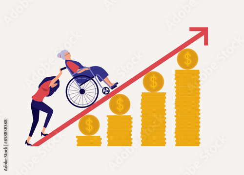 Concept Of Cost Of Aging Parents Is Increasing. Adult Daughter Having Difficulty To Push Her Elderly Mother With Wheelchair Up To The Slant Slope Arrow. Full Length. Flat Design.