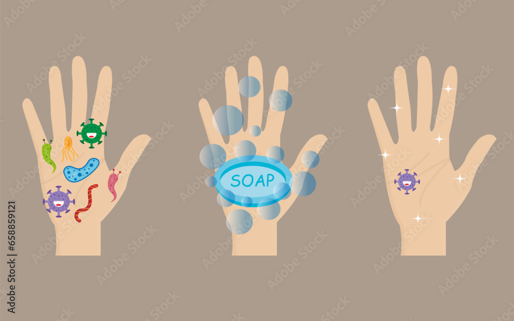 Fototapeta premium vector: Effective process of cleaning hands from germs using soap 