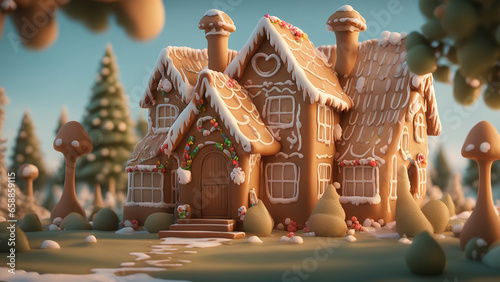Handmade gingerbread house with candy, usually made at Christmas time photo