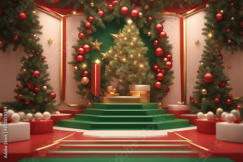 Christmas 3d scene with red and gold podium platform