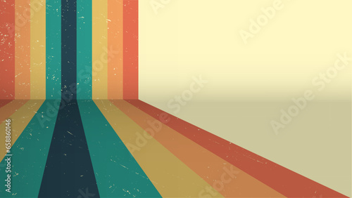 70s retro perspective lines rainbow background. Vintage grunge colourful stripes banner, backdrop and wallpaper vector. photo