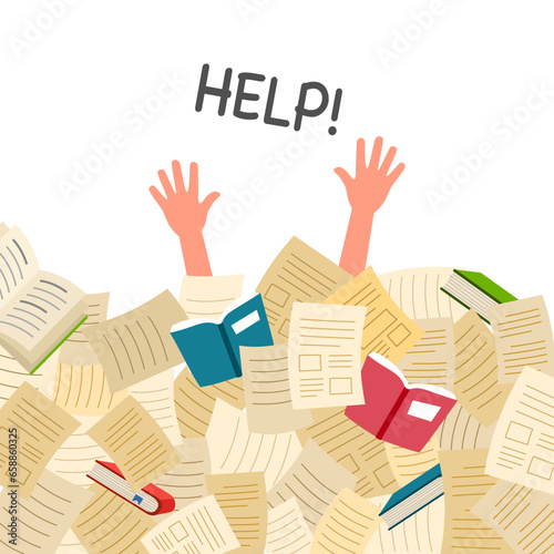 Stressed student or employee buried under a pile of documents in flat design on white background.