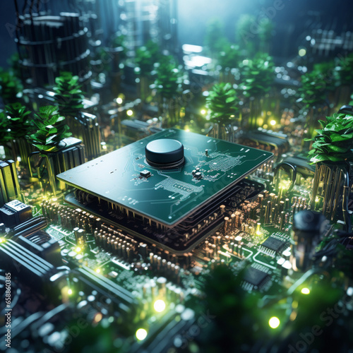 Computer circuit board, electric circuit in natural, green technology concept by generative AI. 