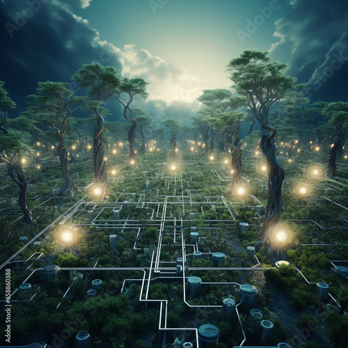 Computer circuit board, electric circuit in natural, green technology concept by generative AI. 
