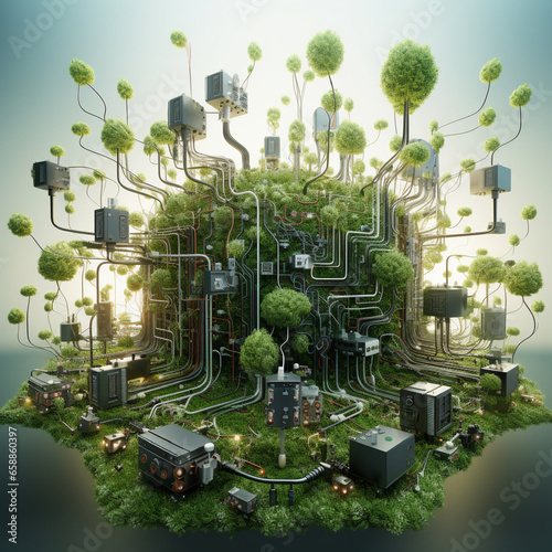 Computer circuit board, electric circuit in natural, green technology concept by generative AI. 
