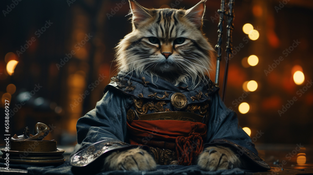 a cinematic photograph of a full body potrait cat wearing samurai uniforms. Generative AI