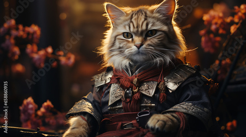 a cinematic photograph of a full body potrait cat wearing samurai uniforms. Generative AI