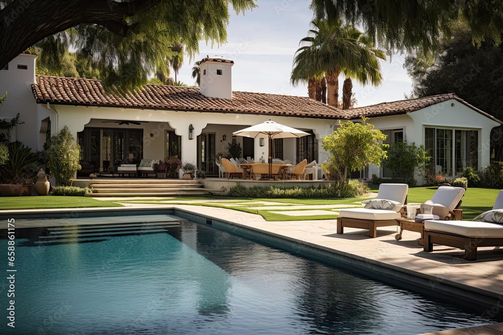 Mediterranean villa home backyard paradise with swimming pool.  Generative AI