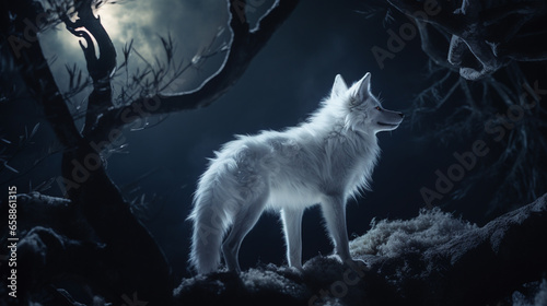 white fox with walking under full moon in the night forest. Generative AI