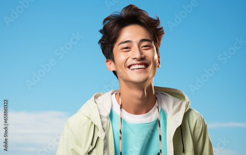 happy handsome fashion man smiling and wearing color cloth, solid light color background