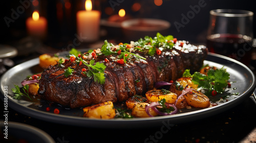 Appetizing steak served on table with mussel salad. Generative AI