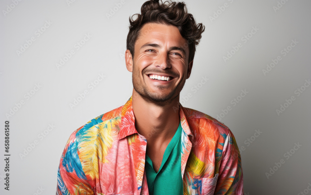 happy handsome fashion man smiling and wearing colorful flower pattern shirt, solid light color background happy handsome fashion man smiling and wearing colorful flower pattern shirt, solid light color background