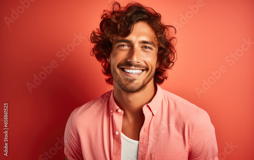 happy handsome fashion man smiling and wearing color shirt, solid light color background © hakule