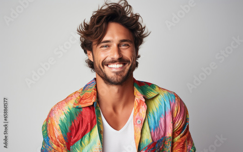 happy handsome fashion man smiling and wearing colorful flower pattern shirt, solid light color background