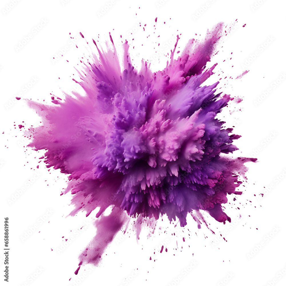 Purple smoke powder splash explosion isolated transparent, generative ai