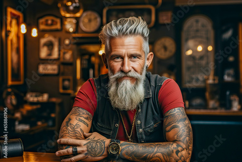Old trendy man in a tattoo parlor © FrankBoston