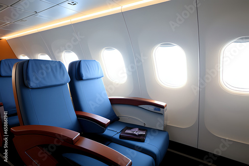 Comfortable seats in cabin of huge aircraft with screens in chairs back © Nyetock