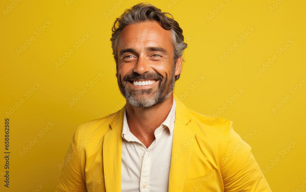Fototapeta premium happy handsome fashion businessman smiling and wearing color suit, solid light color background