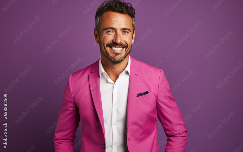 happy handsome fashion businessman smiling and wearing color suit, solid light color background happy handsome fashion businessman smiling and wearing color suit, solid light color background