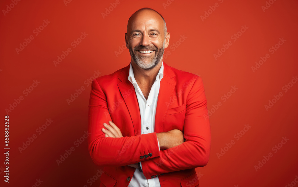 happy handsome fashion businessman smiling and wearing color suit, solid light color background