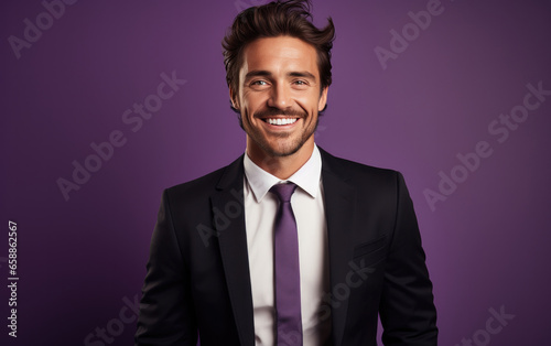 happy handsome fashion businessman smiling and wearing black suit, Bright solid light background © hakule