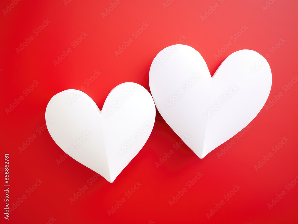 Two white valentines hearts on red background