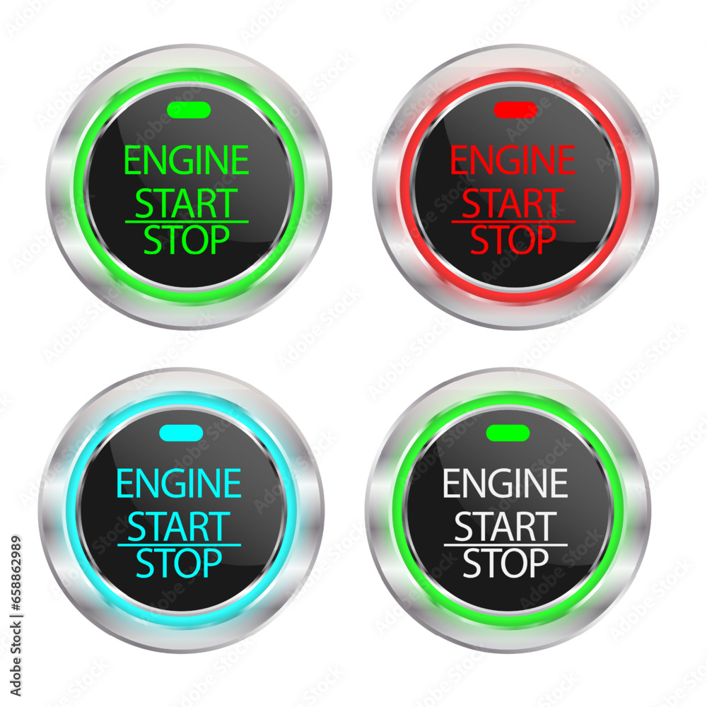 Set off the Engine start-stop button for vehicle ignition isolated on white background. The power button is a white red blue green light, Vector 3d illustration EPS10. Design for you. Set off the Engine start-stop button for vehicle ignition isolated on white background. The power button is a white red blue green light, Vector 3d illustration EPS10. Design for you.