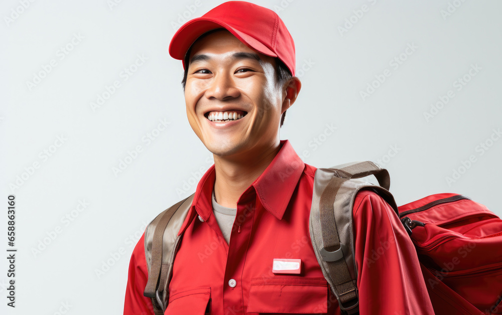 happy deliveryman employee smiling in white background, wearing Bright solid red cloth happy deliveryman employee smiling in white background, wearing Bright solid red cloth