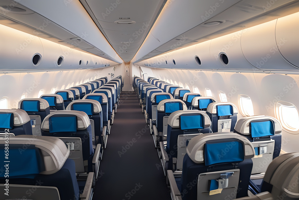 Fototapeta premium Commercial airplane cabin with rows of aisle seats