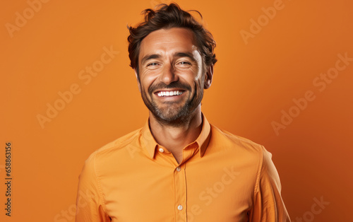 happy handsome man smiling and wearing color shirt  solid light color background