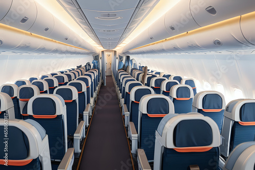 Commercial airplane cabin with rows of aisle seats