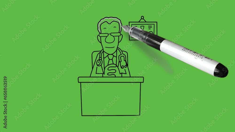 draw young doctor sit on chair with support of table wear spectacles, tie and stethoscope hang certified calendar backside on wall with black outline on abstract green screen background   
