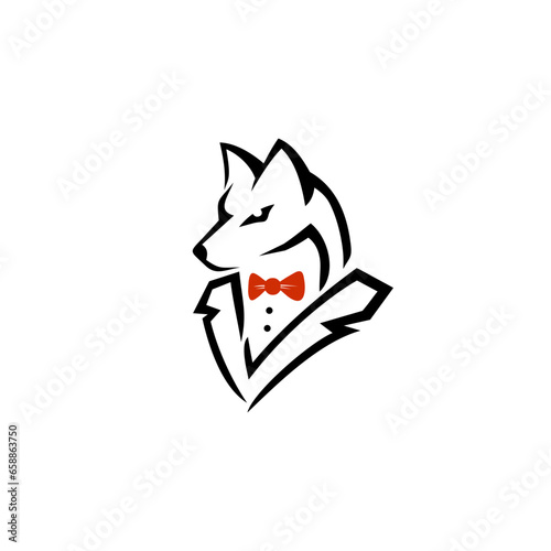classy gentleman style fashion logo design. Vector illustration fox wearing a tuxedo and bow tie. The fox looks posing confidently. classic logo design vector icon template
