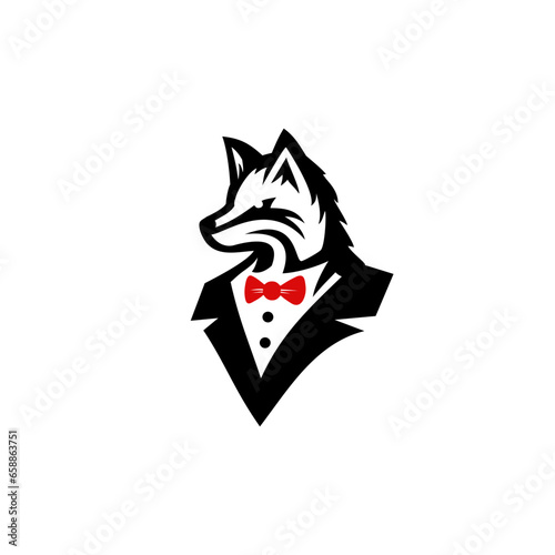 classy gentleman style fashion logo design. Vector illustration fox wearing a tuxedo and bow tie. The fox looks posing confidently. classic logo design vector icon template