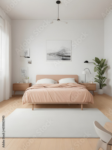 Decor in this bedroom is minimal but impactful. A strategically placed piece of artwork, a potted plant, or simple colors, adding a touch of personality. AI Generated