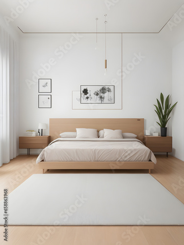 Decor in this bedroom is minimal but impactful. A strategically placed piece of artwork  a potted plant  or simple colors  adding a touch of personality. AI Generated