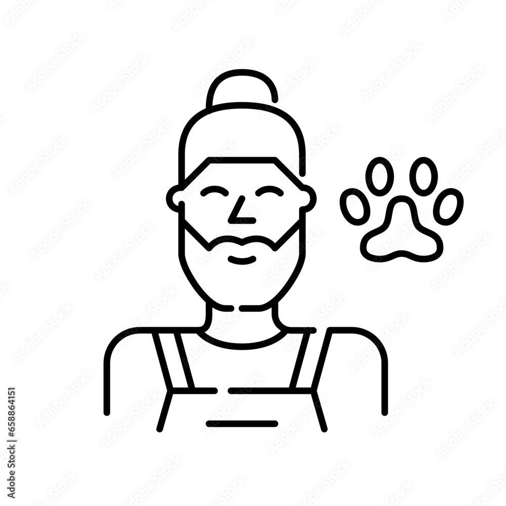 Pet groomer. Smiling kind man with hipster beard and man bun in apron with paw symbol. Pixel perfect, editable stroke icon