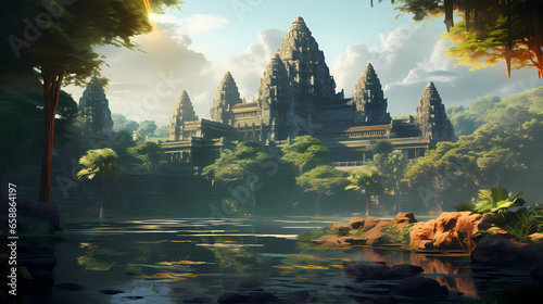 Angkor Wat in the middle of a tropical forest photo