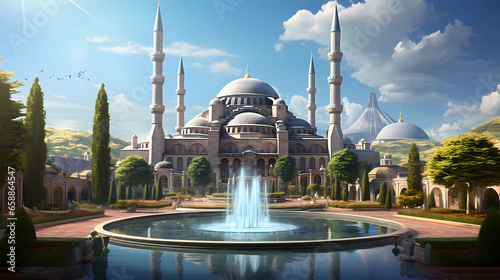 Hagia Sophia and the Blue Mosque with a fountain in front of it photo
